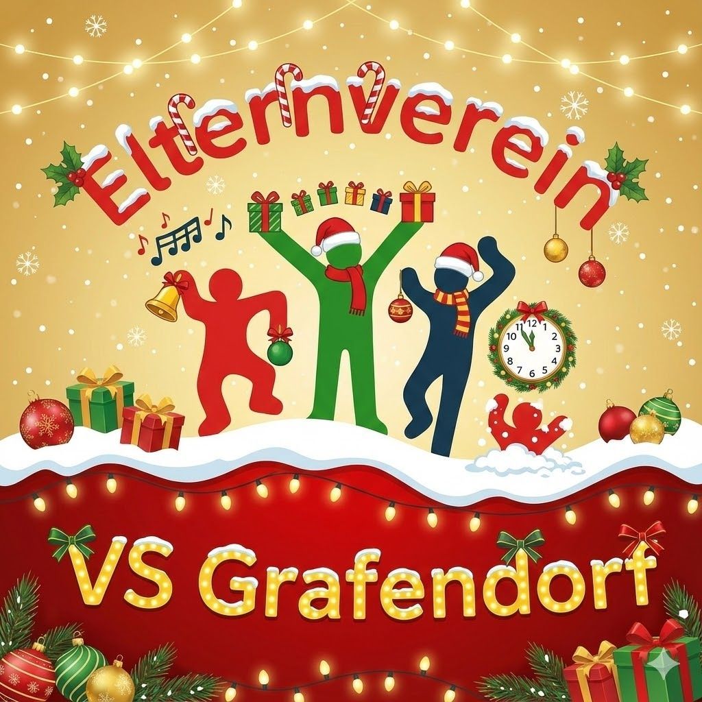 Ein festliches Bild mit Cartoon-Charakteren in Weihnachtsmützen, die Geschenke halten und in Schnee stehen, mit einer Weihnachtsuhr und Dekorationen. Das Wort 'Elternverein' steht in Rot über ihnen und 'VS Grafendorf' in Gelb darunter.