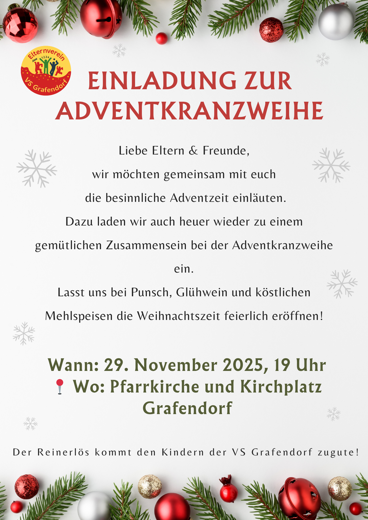 An invitation to the Advent wreath ceremony. Dear parents and friends, we would like to celebrate the upcoming Advent season together with you. For this, we invite you again to a cozy gathering at the Advent wreath ceremony. Let us celebrate the Christmas season with punch, mulled wine, and delicious food!