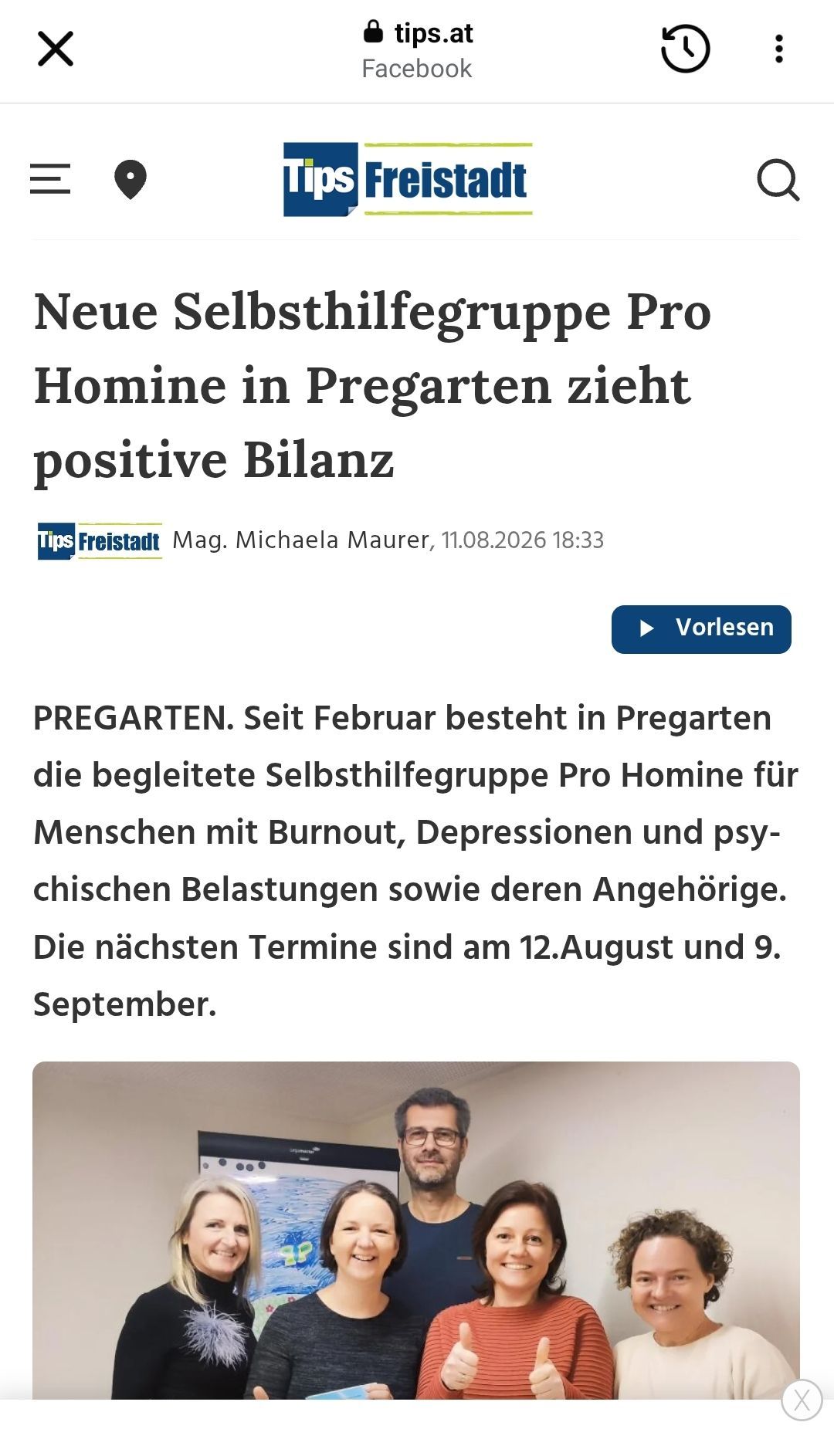 A news article about a support group for men with burnout, depression, and psychological stress in Pregarten, Austria. The article mentions the group's positive impact and upcoming meeting dates.