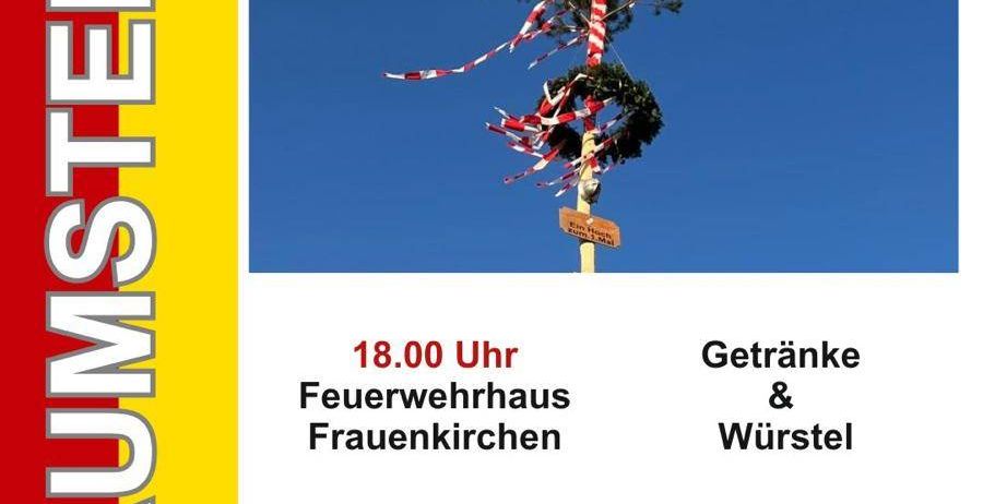 Plakat für das Baumstelzele-Event am 30. April. Es zeigt einen Baum, der mit roten und weißen Bändern verziert ist, einem Holzschild und blauem Himmel im Hintergrund.