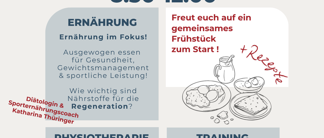 Gesundheitsvormittag-Ereignisposter mit Datum 22. November 2025, Zeit 8:30-12:00. Abschnitte umfassen Ernährung, Physiotherapie und Training. Ernährung konzentriert sich auf Gewichtsmanagement und sportliche Leistung. Physiotherapie befasst sich mit akuten und chronischen Schmerzen. Training behandelt Prinzipien und Mythen.