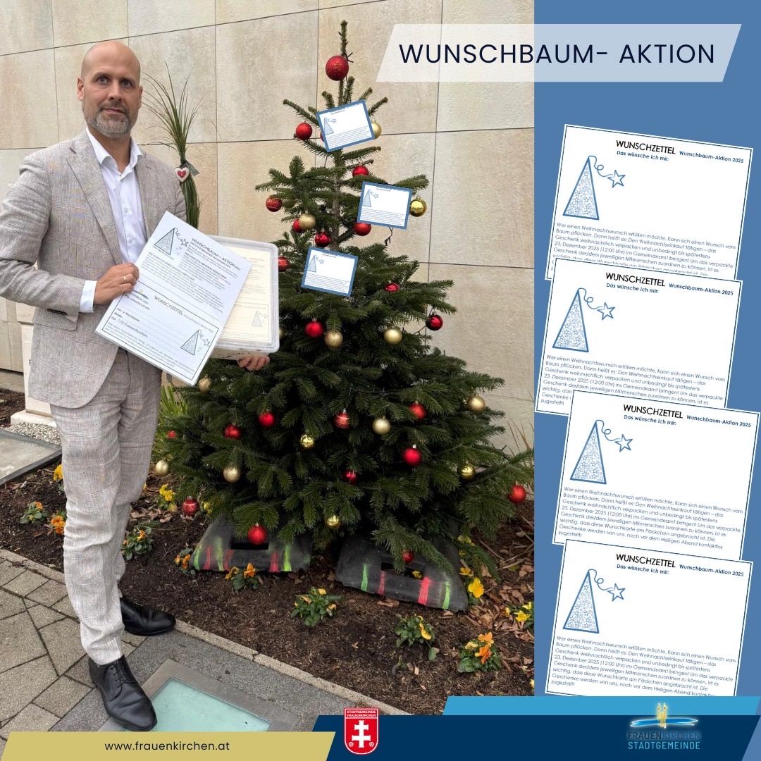 Ein Mann, der ein Stück Papier in der Hand hält, steht neben einem Weihnachtsbaum mit verschiedenen angebrachten Karten. Das Bild enthält eine Überlagerung mit Text in Deutsch.