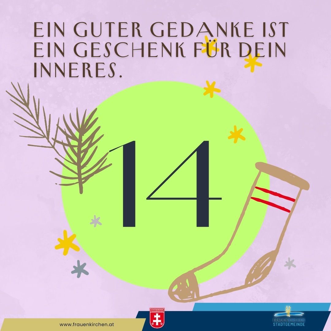Ein guter Gedanke ist ein Geschenk für dein Inneres. Die Nummer 14 wird mit einem Socken und einem Baum auf einem violetten Hintergrund mit Sternen angezeigt. Unten wird eine Website-Adresse angezeigt.
