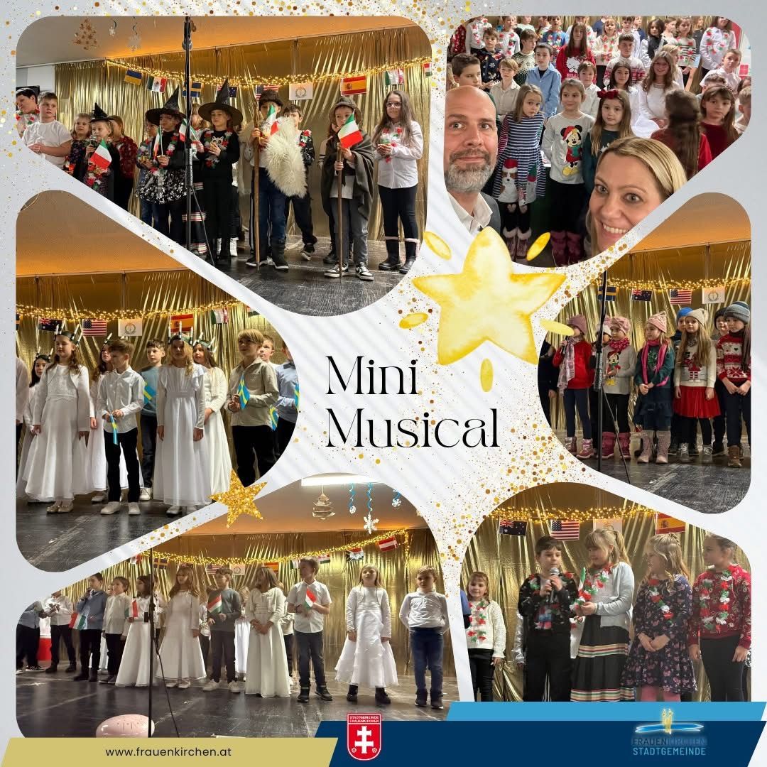 Eine Collage von Kindern in Kostümen, die ein Mini-Musical aufführen. Sie halten Flaggen aus verschiedenen Ländern und haben einen fröhlichen Ausdruck. Das Bild zeigt mehrere Aufnahmen der Kinder auf der Bühne, lächelnde Erwachsene und einen zentralen gelben Stern.