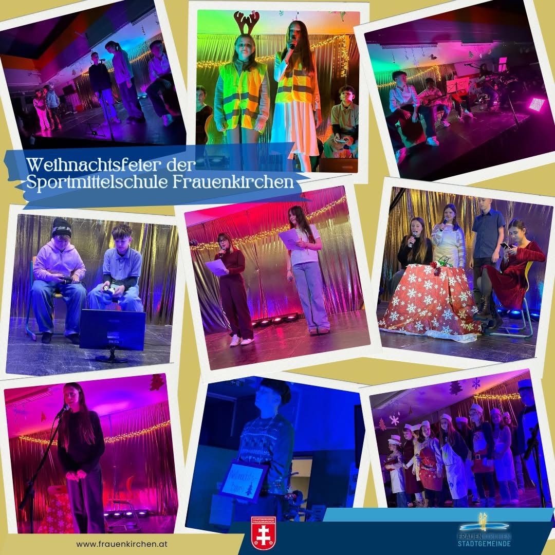 Eine Collage von Bildern einer Weihnachtsfeier an einer Sportschule in Frauenkirchen. Verschiedene Szenen zeigen Schüler beim Auftreten, auf der Bühne und bei Aktivitäten.