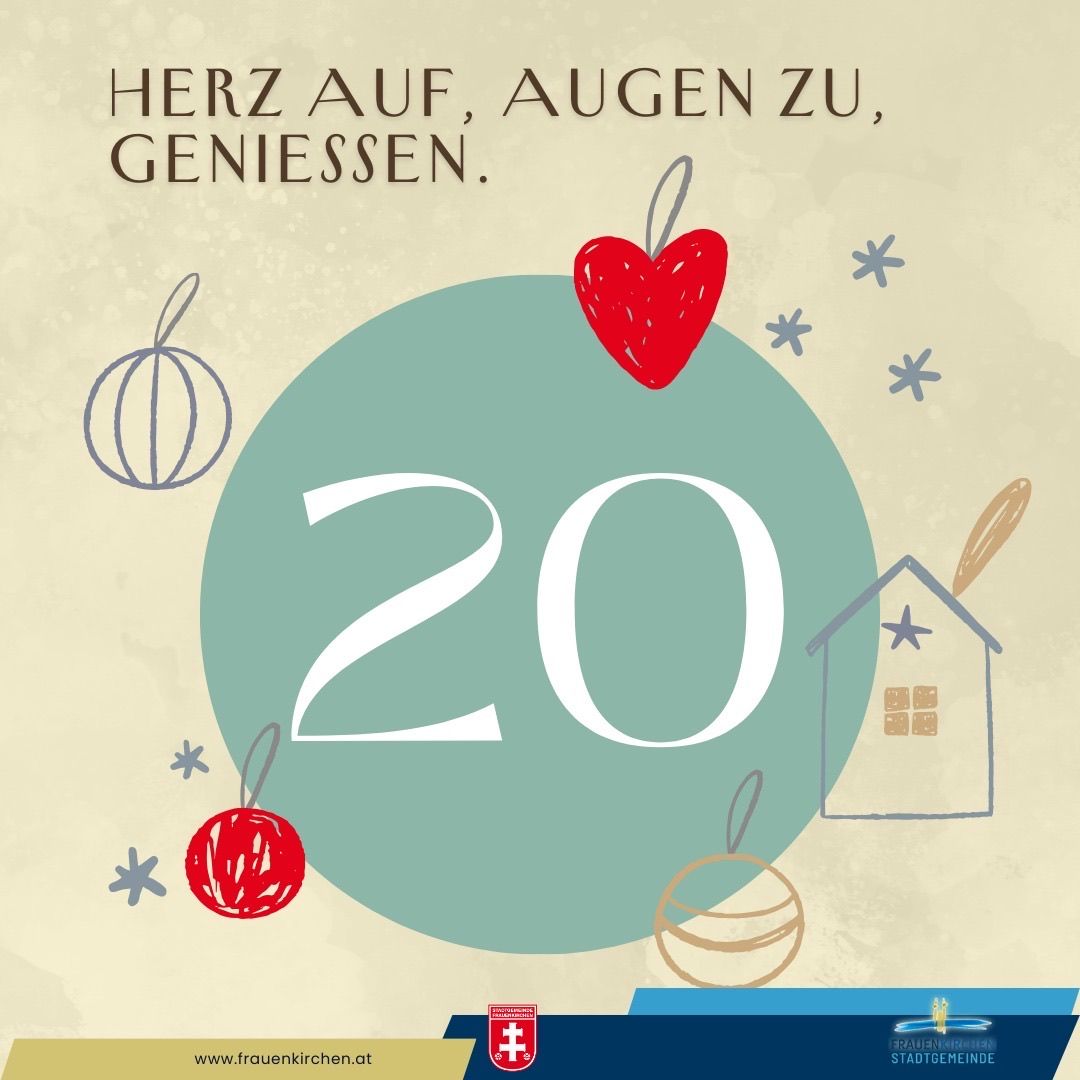 Plakat mit der Zahl 20 in der Mitte, umgeben von Herz-, Stern- und Haussymbolen. Oben steht 'Herz auf, Augen zu, genießen'. Unten befindet sich eine Website-Adresse.