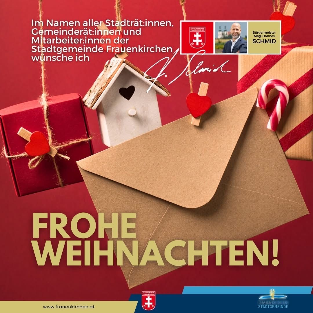 Ein festlicher Gruß auf rotem Hintergrund zeigt einen braunen Umschlag und Geschenke, darunter ein herzförmiges Geschenk und eine Zuckerstange. Die Nachricht lautet 'Frohe Weihnachten!' mit einer Unterschrift, und es gibt ein Bild des Bürgermeisters mit Logo.