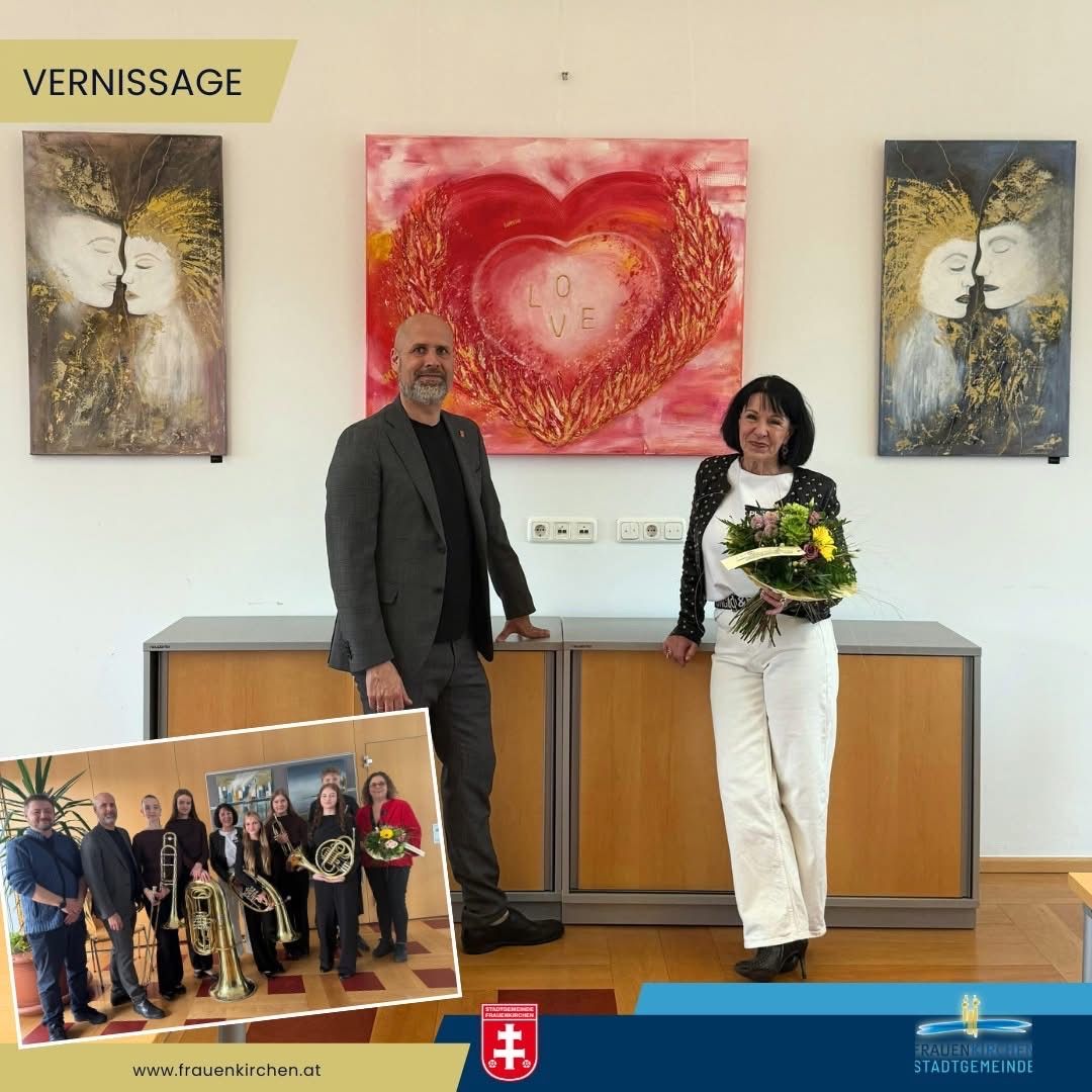 Two people are standing in front of a wall with paintings. The man holds a bouquet of flowers, and the woman stands with a bouquet in her hand. Below is a collage of a band with brass instruments.