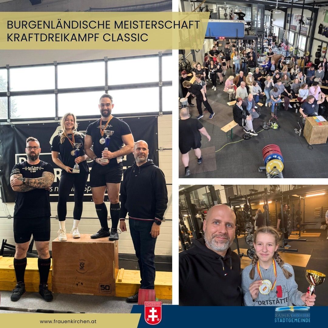 Drei Personen stehen auf einer Holzkiste mit Medaillen, wahrscheinlich zur Feier eines Sieges. Ein weiteres Bild zeigt ein Fitnessstudio mit trainierenden Personen. Das letzte Bild zeigt einen Mann mit einem jungen Mädchen, das eine Trophäe hält.