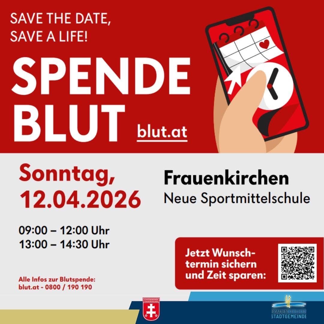 Poster for blood donation event. It says 'Spende Blut' and includes dates and times for the event, along with a QR code.