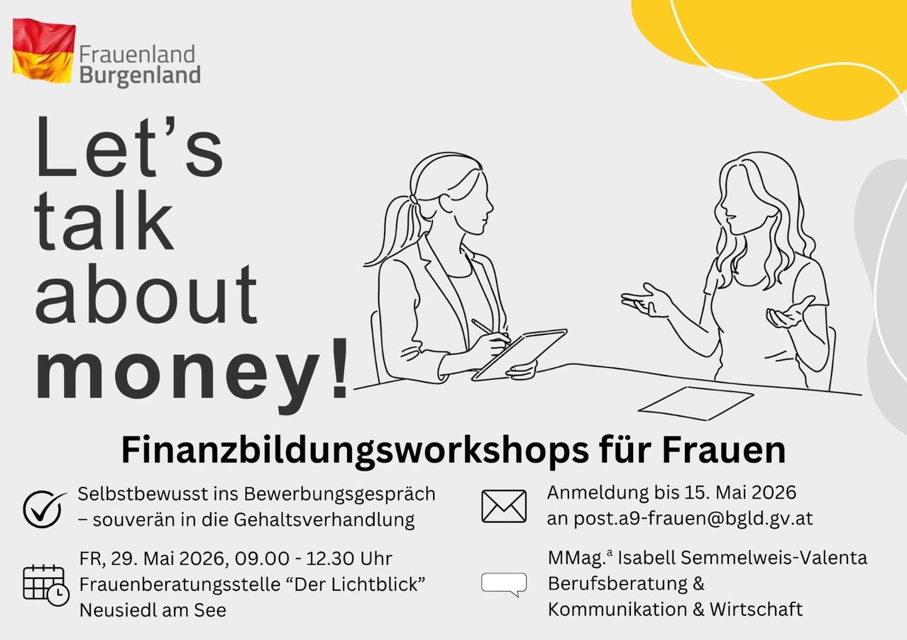Eine Anzeige für Finanzworkshops für Frauen, die sich im Vorstellungsgespräch bewusst sind, findet am 15. Mai 2026 von 9:00 Uhr bis 12:30 Uhr statt. Die Anmeldung ist bis zum 15. Mai. Kontaktieren Sie post.a9-frauen@bgld.g.