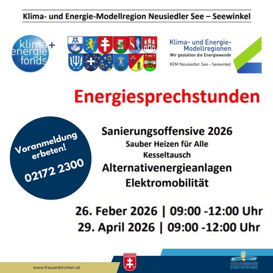 Plakat für Klima- und Energie-Modellregion Neusiedler See - Seewinkel. Es beinhaltet Termine, Uhrzeiten und Themen wie saubere Heizung und Elektromobilität. Aufruf zur Anmeldung.