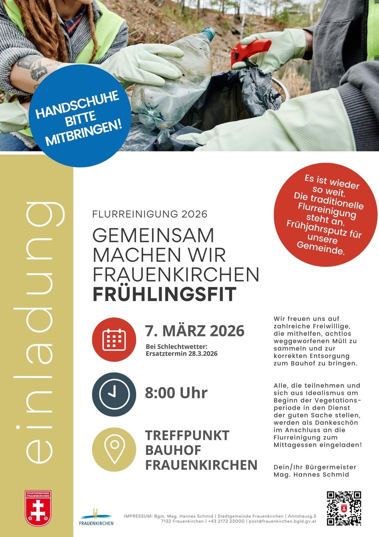 Plakat für eine Frühjahrsputzaktion. Es lädt Freiwillige ein, an der traditionellen Frühjahrsreinigung der Gemeinde teilzunehmen. Die Veranstaltung findet am 7. März 2026 um 8:00 Uhr statt. Treffpunkt ist am Bahnhof.