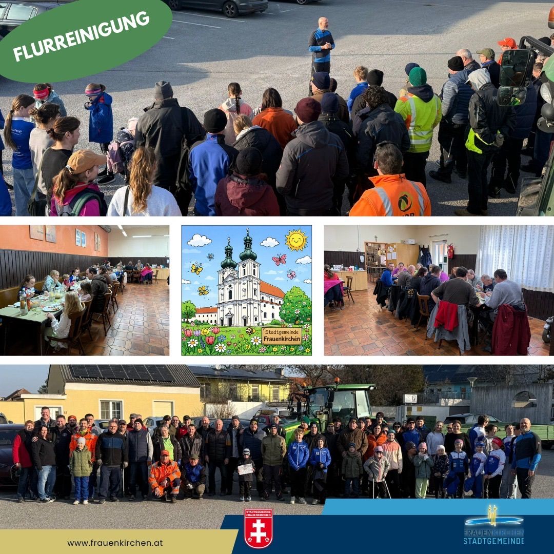 Eine Collage von Bildern zeigt Menschen bei der Straßenreinigung, beim Essen im Innenbereich und bei einer Versammlung vor einer Kirche, wobei ein Traktor in der Nähe steht. Das obere Bild hat eine grüne Überlagerung mit dem Wort 'Flurreinigung'.