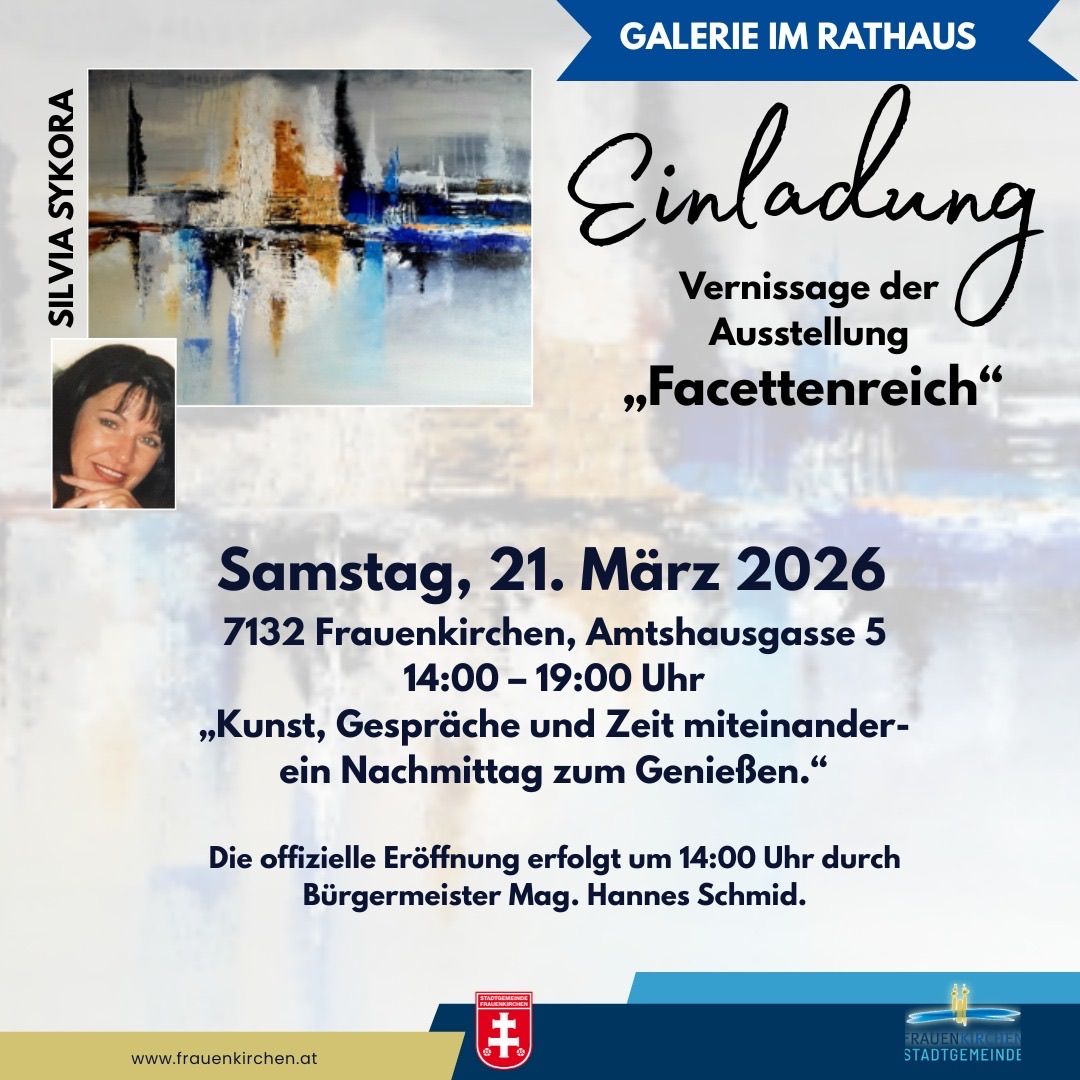 Plakat für die Eröffnung einer Kunstausstellung am 21. März 2026 in Frauenkirchen. Zeigt ein abstraktes Gemälde, den Namen der Künstlerin, Veranstaltungsdetails und ein Foto der Künstlerin.