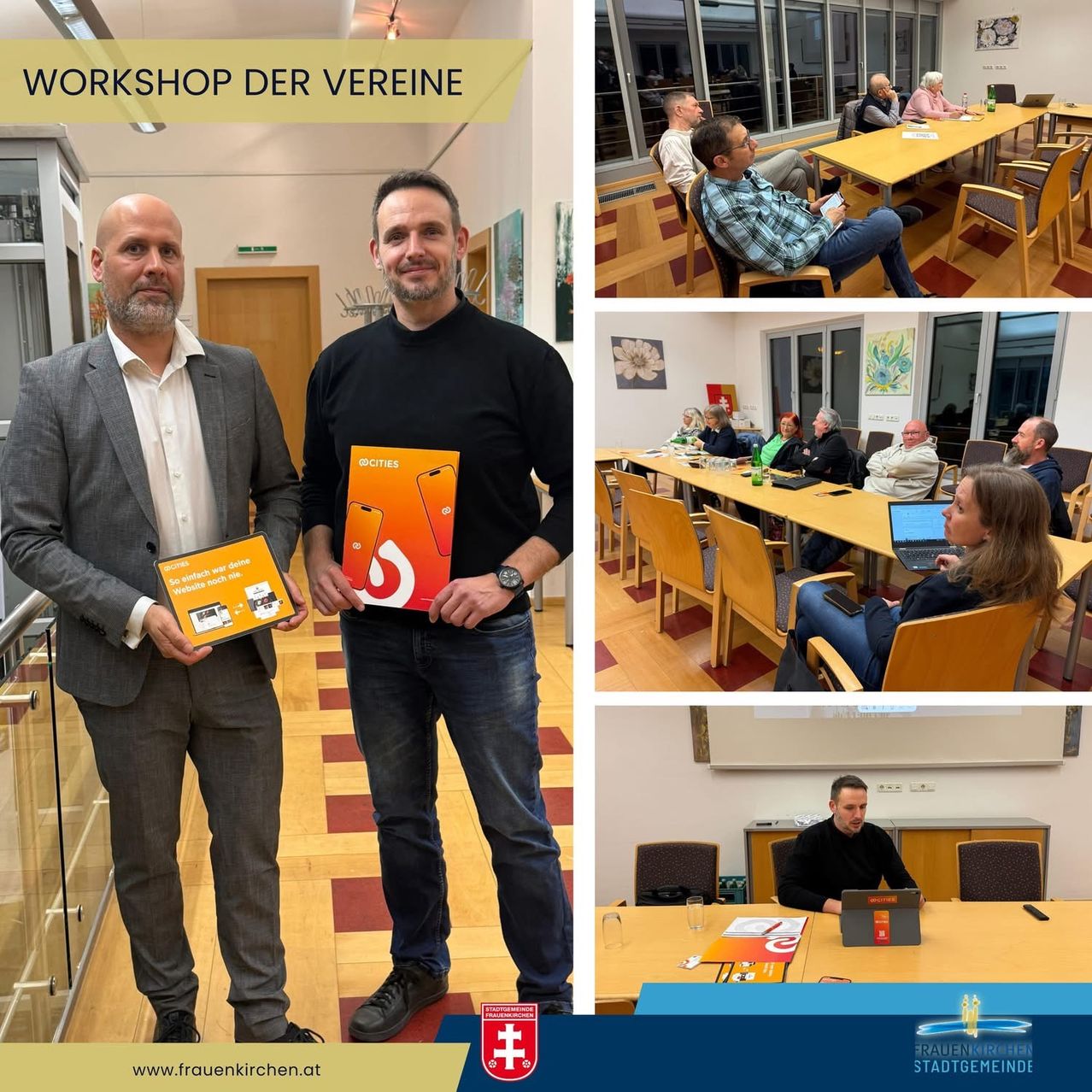 Vier Personen sind in einer Collage abgebildet. Zwei Männer halten orangefarbene Boxen. Zwei Männer und eine Frau sitzen um einen Tisch mit Laptops. Eine Gruppe von Personen sitzt um einen Tisch.