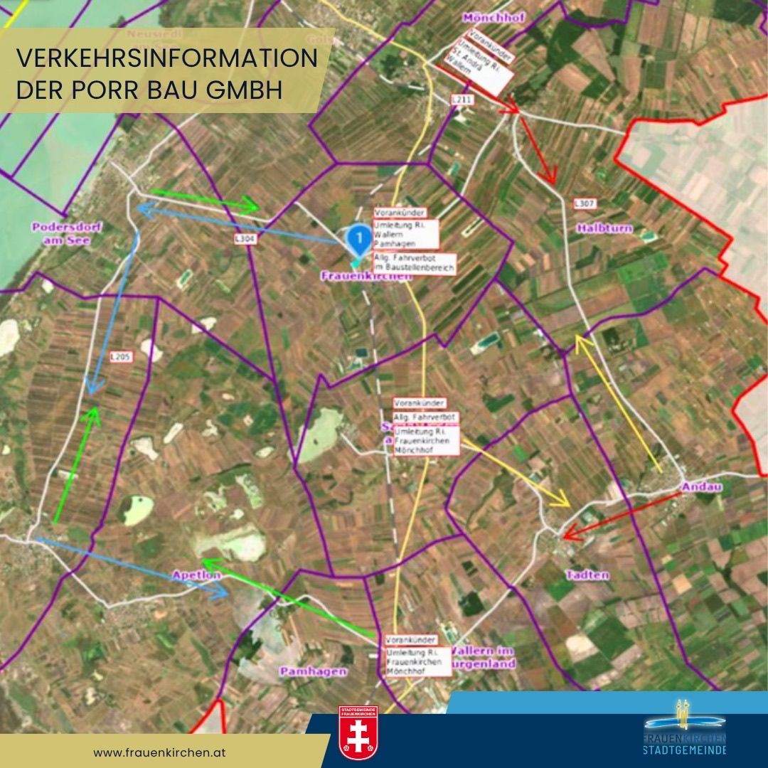 Eine Karte, die verschiedene Routen und Orte in der Gegend von Frauenkirchen, Österreich, einschließlich Straßen, Wahrzeichen und Baustellen zeigt.