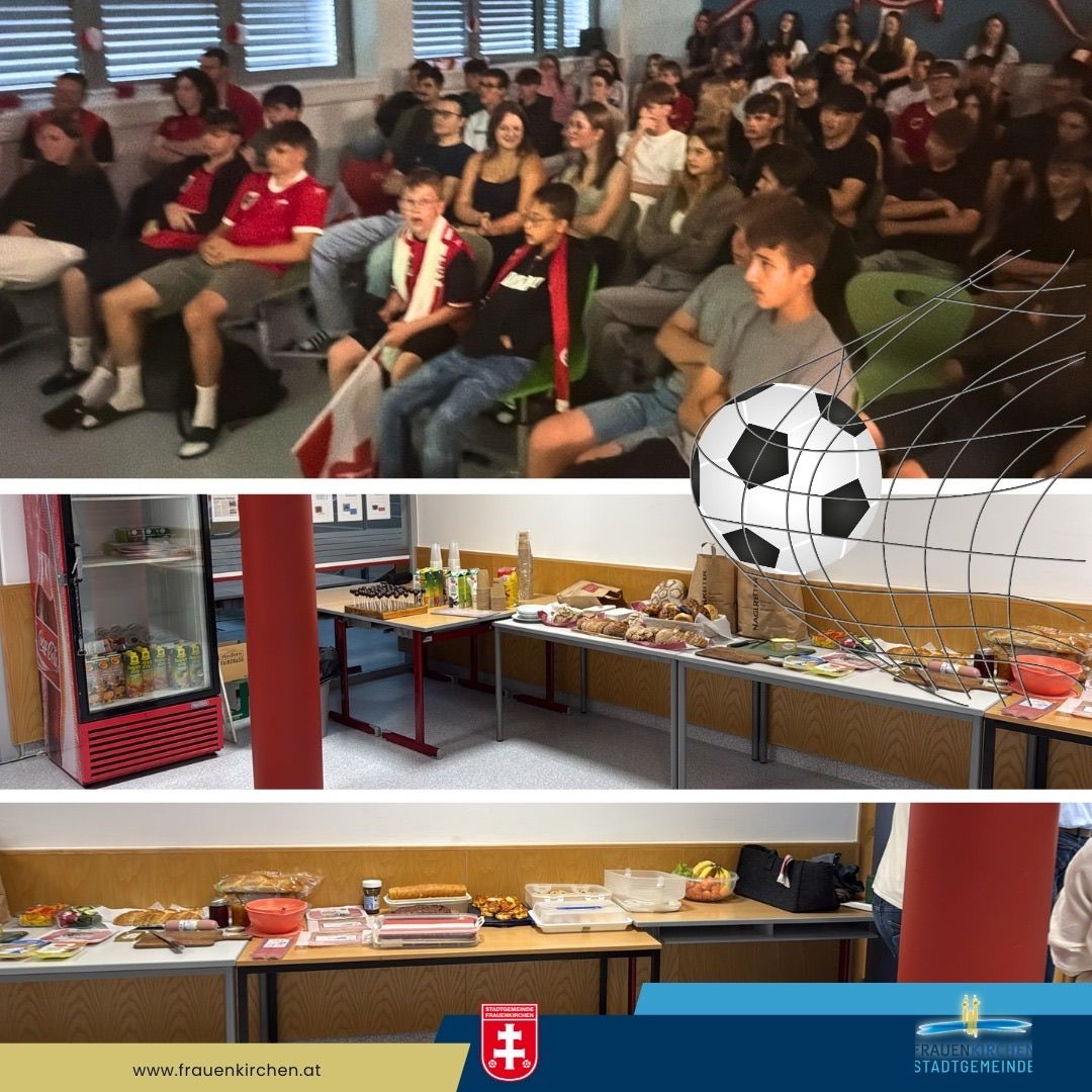 Zwei Bilder einer Versammlung zeigen einen überfüllten Raum und einen Tisch voller Essen. Das obere Bild hat ein Grafik von einem Fußball.