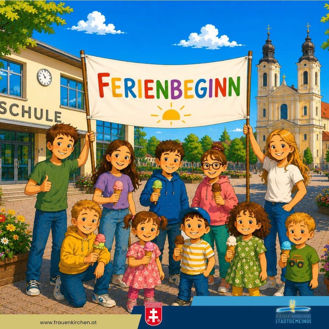 A group of children holding ice cream and a banner reading 'Ferienbeginn' stand outside a school building with a clock tower.