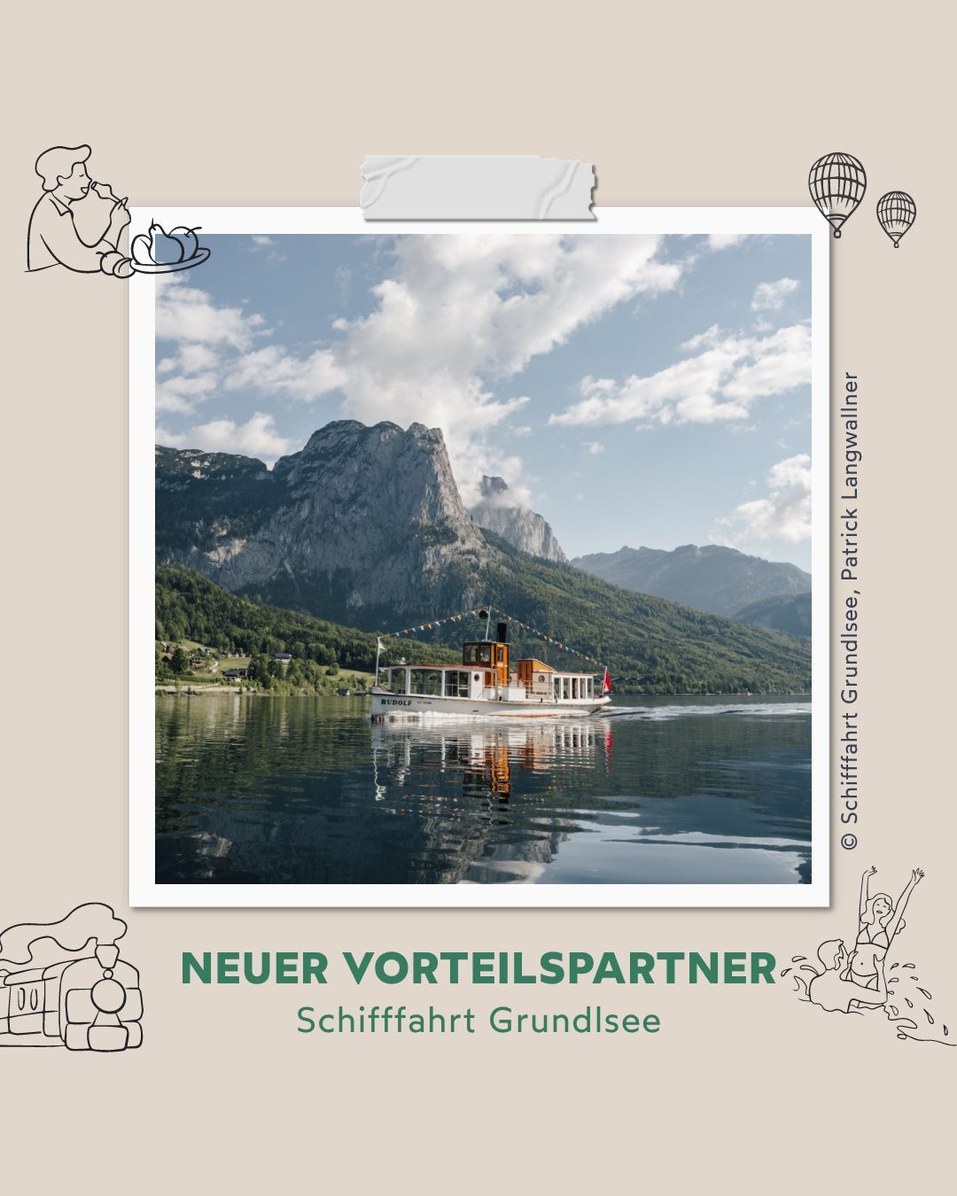 Ein Boot fährt auf einem ruhigen See, mit Bergen und einem bewölkten Himmel im Hintergrund. Das Bild heißt 'Neuer Vorteilspartner'.