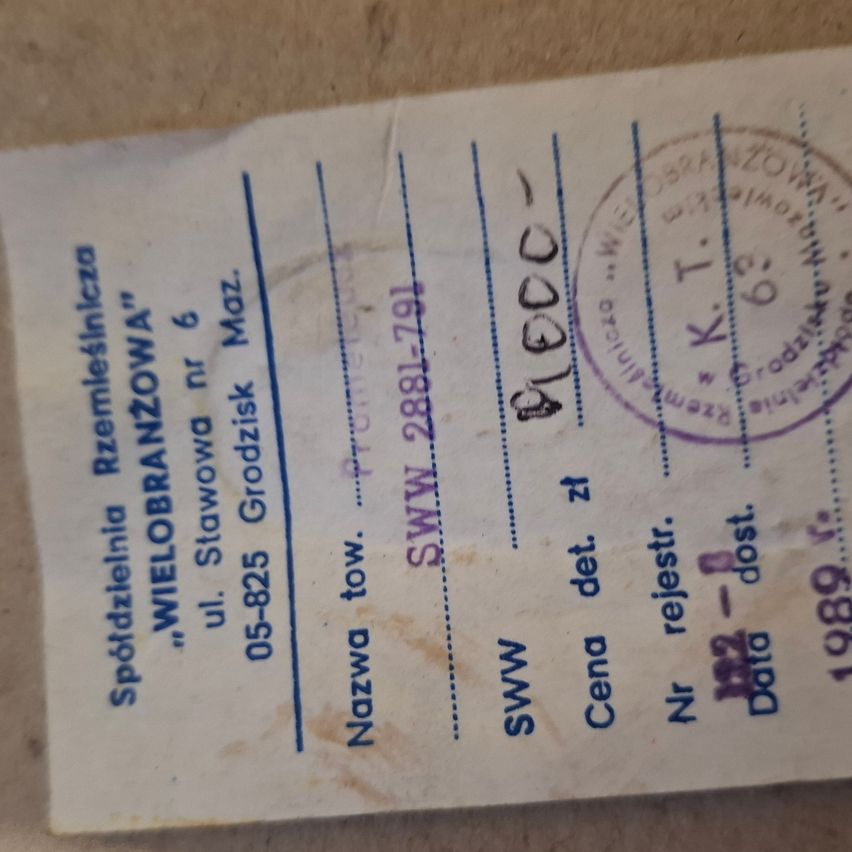 Ein altes Dokument zeigt einen Stempel von 'K.T. 1989' und Details einschließlich '5WW 2881-791', 'Nazwa tow' und 'ul. Stawowa nr 6'.