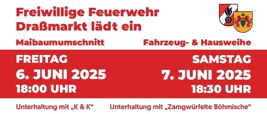 Plakat für eine Fahrzeug- und Hausauktion der Freiwilligen Feuerwehr am 7. Juni 2025 ab 18:30 Uhr. Unterhaltung mit ‚K & K‘ und ‚Zamgwürfelte Böhn‘. Die Veranstaltung findet auf Kirchenberg statt.