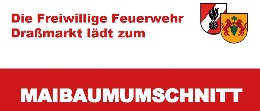 Das Bild zeigt ein Banner mit rotem Hintergrund und weißer Schrift, das 'Maibaumumschnit' und 'Sonntag 31. Mai 2026' liest. Die Banner werden von Logos begleitet.