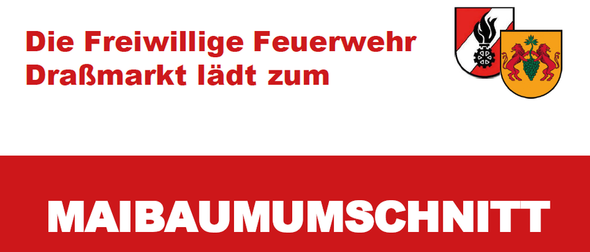 The image shows a banner with a red background and white text, reading 'Maibaumumschnit' and 'Sonntag 31. Mai 2026'. The banners are accompanied by logos.