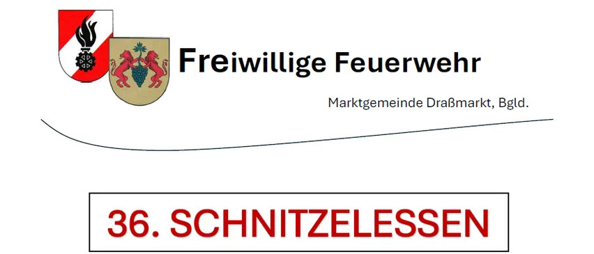 Das Bild zeigt das Logo der Freiwilligen Feuerwehr Marktgemeinde Draßmarkt, Bgld. Das Logo besteht aus einem Schild mit zwei Löwen, die eine Traube halten, und einem Flammensymbol. Unter dem Schild steht der Text 'Freiwillige Feuerwehr' und 'Marktgemeinde Draßmarkt, Bgld.'. Darunter befindet sich der rote Text '36. SCHNITZLESSEN'.