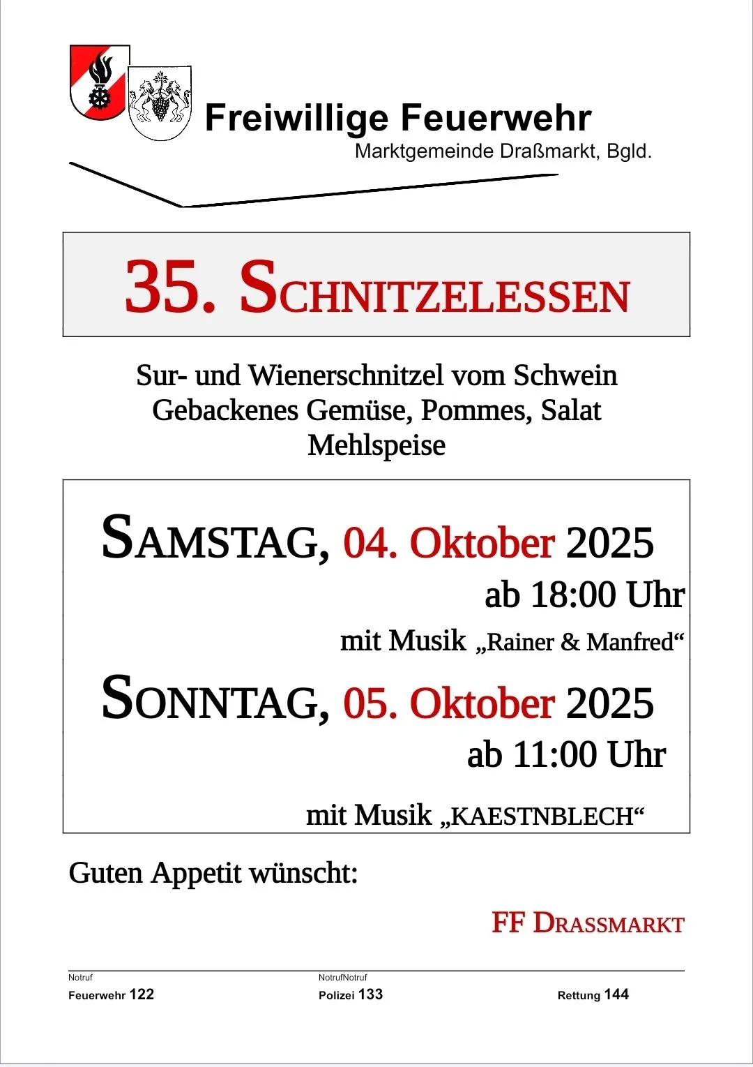Plakat für die 35. Schnitzel-Veranstaltung. Bietet Schweinefleisch, Gemüse und Musik von Rainer & Manfred am Samstag, 4. Oktober 2025, ab 18 Uhr.
