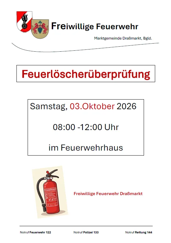 Plakat für eine Feuerlöscherüberprüfung durch die Freiwillige Feuerwehr DraBmarkt, geplant für Samstag, 3. Oktober 2026, von 08:00 bis 12:00 Uhr im Feuerwehrhaus.