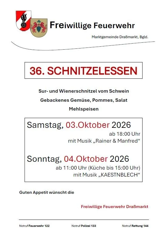 Plakat für die 36. Schnitzelessen-Veranstaltung der Freiwilligen Feuerwehr Draßmarkt. Es zeigt das Datum vom 3. und 4. Oktober 2026 mit Details zur Veranstaltung, inklusive der Art des Essens und der Musik. Das Plakat ist gut organisiert und optisch ansprechend.