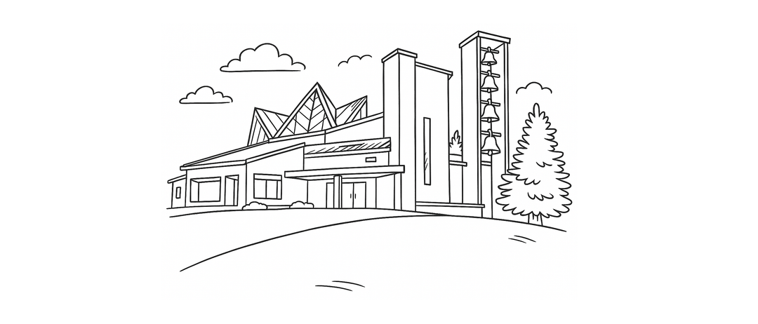 Eine Strichzeichnung einer Kirche mit Glockenturm, Glocken und einem dreieckigen Dach auf einem Hügel mit einem Baum auf der rechten Seite.