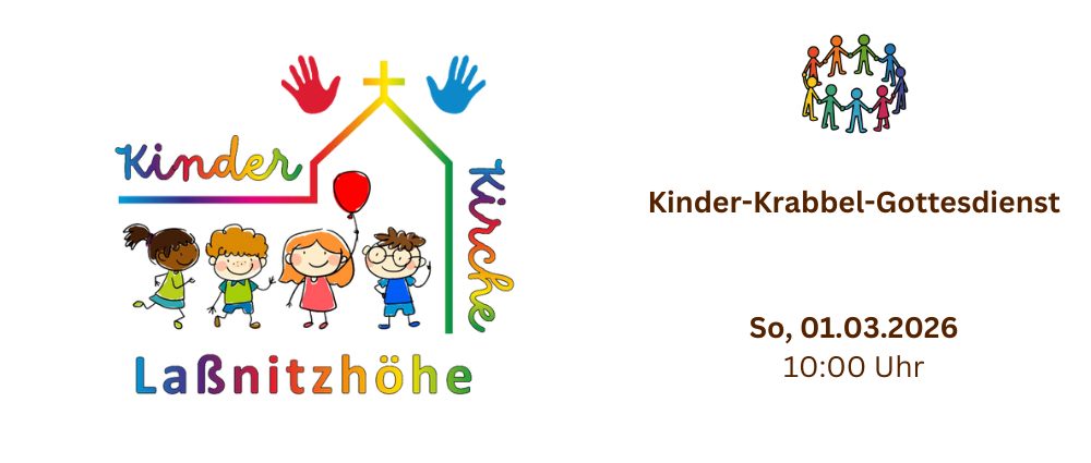 Das Bild zeigt ein farbenfrohes Logo für eine Kinderveranstaltung mit Kindern und einem Ballon. Die Veranstaltung heißt 'Kinder-Krabbel-Gotte' und ist für den 1. März 2026 um 10:00 Uhr geplant.