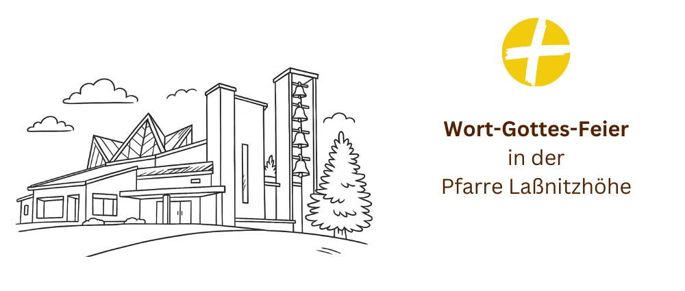 Eine Zeichnung einer Kirche mit Glockenturm und Kreuz darauf, umgeben von einem Baum. Der Text lautet 'Wort-Gottes-Feier in der Pfarre Labnitzho.'