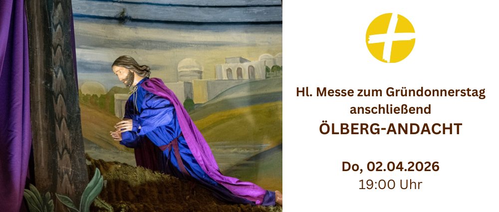 Ein Gemälde von Jesus, der auf einem Hügel sitzt, mit einer Ankündigung der heiligen Messe für den 2. April 2026 um 19:00 Uhr.