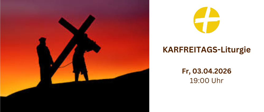 Silhouette von zwei Personen, die ein Kreuz tragen, vor einem Sonnenuntergangshintergrund. Der Text lautet: Karfreitags-Lit, Fr, 03.04.2026, 19:00 Uhr.