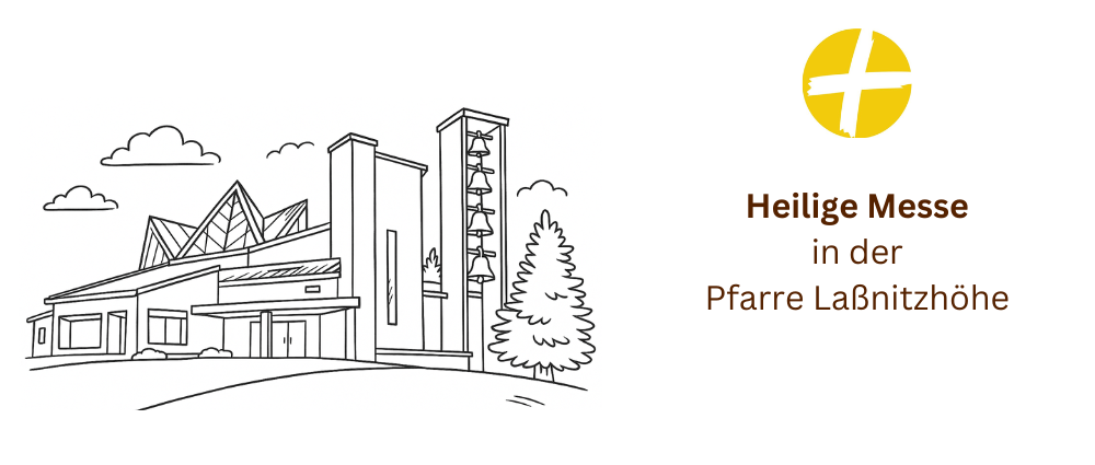 Eine Illustration einer Kirche mit einem Kirchturm und Glockenturm. Ein Kreuzlogo ist rechts. Der Text lautet 'Heilige Messe in der Pfarre Labnitzho.'