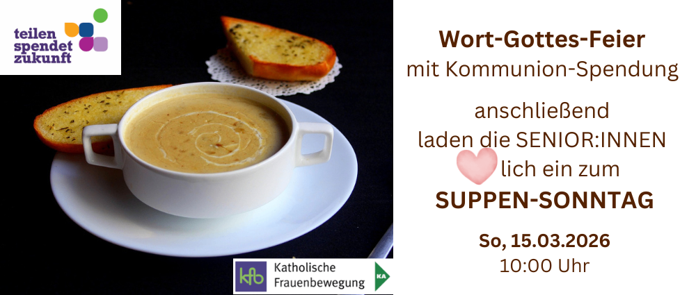 Einen Kaffeebecher auf einem Teller mit Brot in der Nähe. Der Text lautet 'Wort-Gottes-Fe mit Kommunion-Sp' und 'anschlieBend laden die SENIORI:' mit einem Herzsymbol. Das Datum und die Uhrzeit sind der 15.03.2026 um 10:00 Uhr.