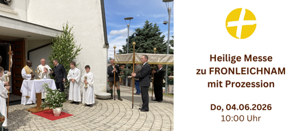 Eine heilige Messe zu Fronleichnam mit Prozession am 4. Juni 2026, 10:00 Uhr. Menschen stehen vor einer Kirche und halten Kerzen.