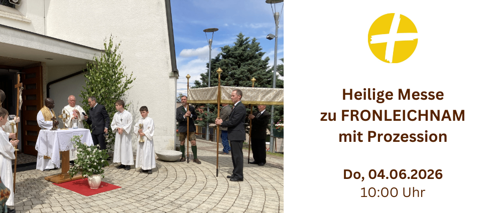 Eine heilige Messe zu Fronleichnam mit Prozession am 4. Juni 2026, 10:00 Uhr. Menschen stehen vor einer Kirche und halten Kerzen.
