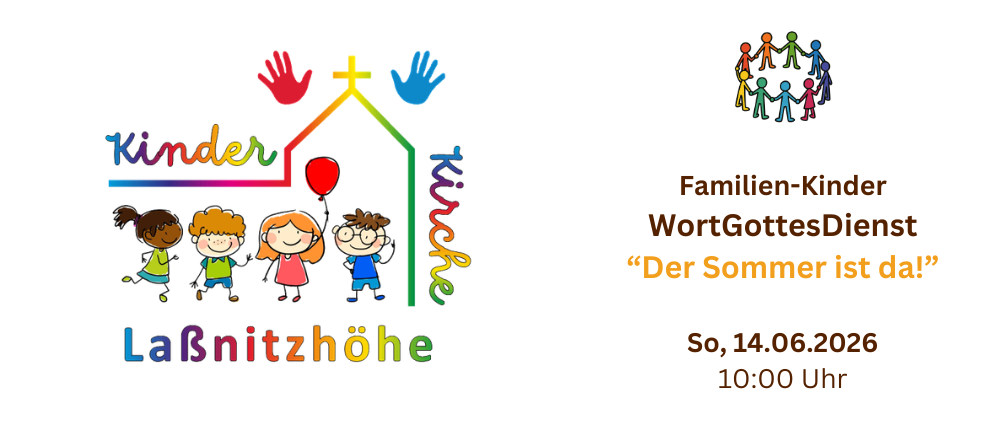 Eine Illustration eines bunten Hauses mit Kindern und einem Ballon. Das Event heißt 'Familien-Kinder WortGottesDie' und ist für den 14. Juni 2026 um 10:00 Uhr geplant.