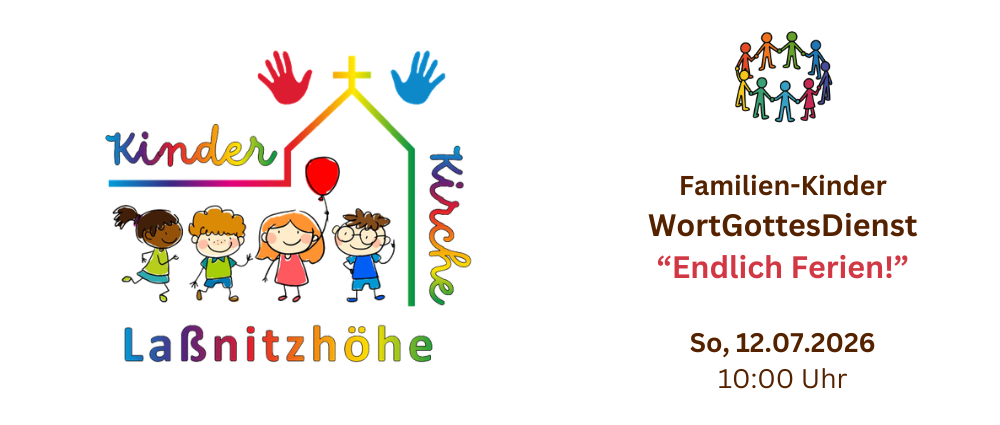 Bild einer familienfreundlichen Kirchenveranstaltung mit Kindern, einem Kreuz und dem Datum 12.07.2026. Die Veranstaltung heißt 'Endlich Feier'.