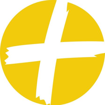 Ein gelber Kreis enthält ein weißes Kreuz mit leicht zerrissenen Kanten am unteren Teil des Kreuzes.