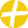 A yellow circle contains a white cross, with slightly torn edges on the cross's lower portion.
