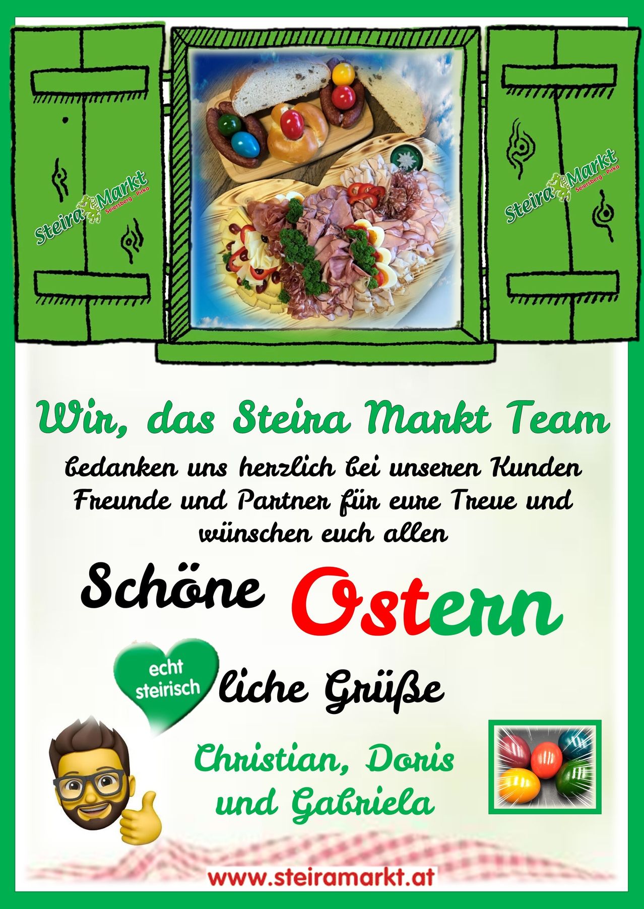 Ostergrusskarte von Steirer Markt mit einem Teller mit Fleisch, Eiern und Gemüse und einer herzlichen Botschaft, die allen ein frohes Osterfest wünscht.