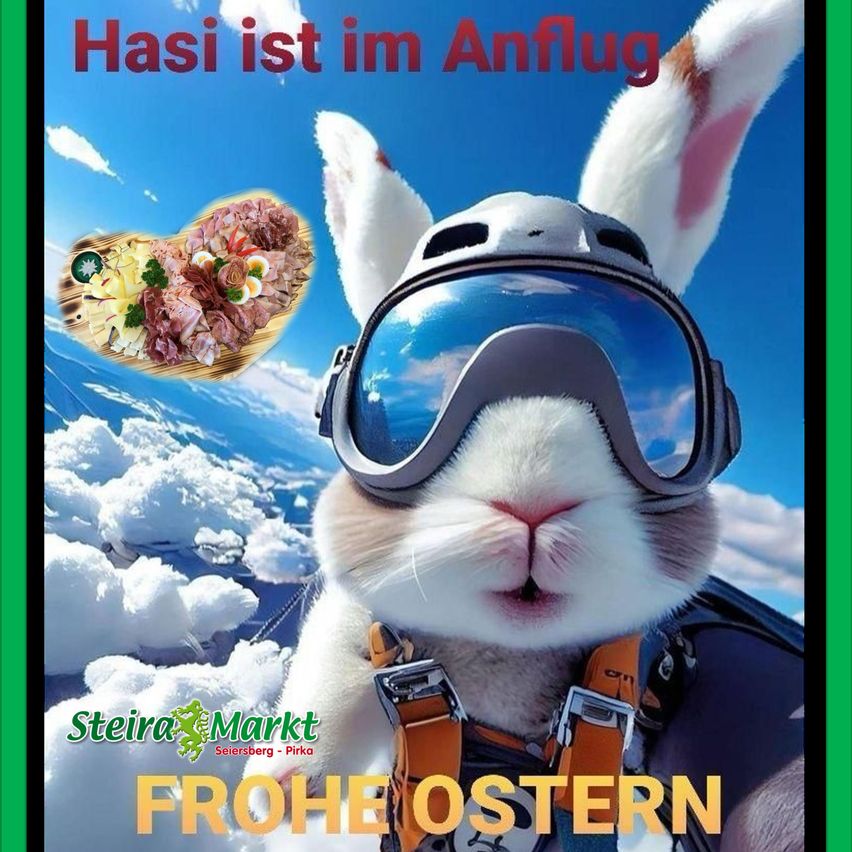 Ein Kaninchen mit Schutzbrille und Helm am Himmel, mit einem herzförmigen Teller mit Essen im Hintergrund, mit dem Text 'Hasi ist im Anflug' und 'Frohe Ostern'