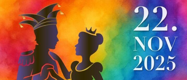 Ein Veranstaltungsplakat für St. Andräer Prinz Essen Ball mit einer Silhouette eines Paares in historischer Kleidung, mit dem Datum 22. November 2025. Es hebt eine Tombola und Mitternachtseinlage hervor.