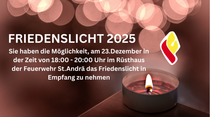 Ein Plakat lädt am 23. Dezember 2025 von 18:00 bis 20:00 Uhr zum Empfang des Friedenslichts in der Feuerwache St. Andrä ein. Ein brennendes Kerzenlicht steht auf einem Tisch.