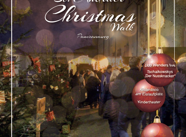 Plakat für den St. Andrä Weihnachtsmarkt, 19.-21. Dezember 2025. Zeigt eine Menschenmenge, die an Weihnachtsbäumen vorbeigeht, mit Live-Musik und Aktivitäten für Kinder.